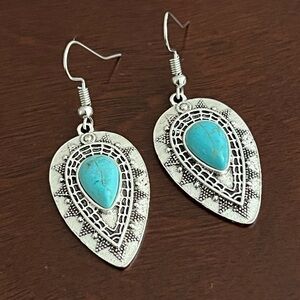 Boho Silver Teardrop Earrings with Turquoise Stone Western Dangle Jewelry
